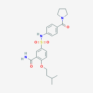 molecular formula C23H29N3O5S B496654 2-(Isopentyloxy)-5-{[4-(1-pyrrolidinylcarbonyl)anilino]sulfonyl}benzamide 