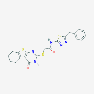molecular formula C22H21N5O2S3 B496673 N-(5-benzyl-1,3,4-thiadiazol-2-yl)-2-[(3-methyl-4-oxo-3,4,5,6,7,8-hexahydro[1]benzothieno[2,3-d]pyrimidin-2-yl)sulfanyl]acetamide 