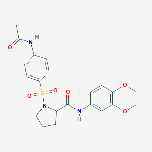 molecular formula C21H23N3O6S B496721 1-{[4-(acetylamino)phenyl]sulfonyl}-N-(2,3-dihydro-1,4-benzodioxin-6-yl)-2-pyrrolidinecarboxamide 