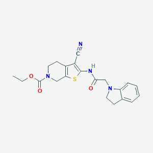 molecular formula C21H22N4O3S B496870 ethyl 3-cyano-2-[(2,3-dihydro-1H-indol-1-ylacetyl)amino]-4,7-dihydrothieno[2,3-c]pyridine-6(5H)-carboxylate 