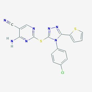 molecular formula C17H10ClN7S2 B496877 4-amino-2-{[4-(4-chlorophenyl)-5-(2-thienyl)-4H-1,2,4-triazol-3-yl]sulfanyl}-5-pyrimidinecarbonitrile 