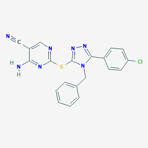molecular formula C20H14ClN7S B496879 4-amino-2-{[4-benzyl-5-(4-chlorophenyl)-4H-1,2,4-triazol-3-yl]sulfanyl}-5-pyrimidinecarbonitrile 