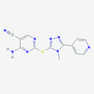 molecular formula C13H10N8S B496880 4-amino-2-{[4-methyl-5-(4-pyridinyl)-4H-1,2,4-triazol-3-yl]sulfanyl}-5-pyrimidinecarbonitrile 