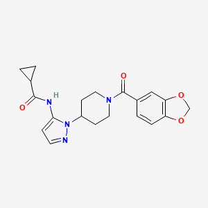 molecular formula C20H22N4O4 B4969120 N-{1-[1-(1,3-benzodioxol-5-ylcarbonyl)-4-piperidinyl]-1H-pyrazol-5-yl}cyclopropanecarboxamide 