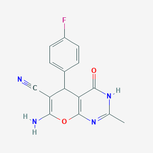 molecular formula C15H11FN4O2 B4969140 7-amino-5-(4-fluorophenyl)-2-methyl-4-oxo-3,5-dihydro-4H-pyrano[2,3-d]pyrimidine-6-carbonitrile 