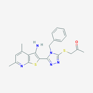 molecular formula C21H21N5OS2 B496927 1-{[5-(3-amino-4,6-dimethylthieno[2,3-b]pyridin-2-yl)-4-benzyl-4H-1,2,4-triazol-3-yl]sulfanyl}acetone 