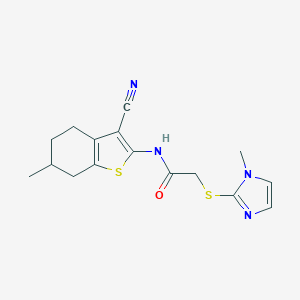molecular formula C16H18N4OS2 B496943 N-(3-cyano-6-methyl-4,5,6,7-tetrahydro-1-benzothiophen-2-yl)-2-[(1-methyl-1H-imidazol-2-yl)sulfanyl]acetamide 