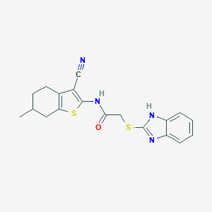 molecular formula C19H18N4OS2 B496945 2-(1H-benzimidazol-2-ylsulfanyl)-N-(3-cyano-6-methyl-4,5,6,7-tetrahydro-1-benzothien-2-yl)acetamide 