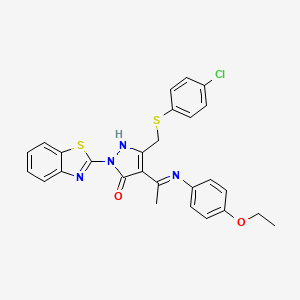 molecular formula C27H23ClN4O2S2 B4969796 2-(1,3-benzothiazol-2-yl)-5-{[(4-chlorophenyl)thio]methyl}-4-{1-[(4-ethoxyphenyl)amino]ethylidene}-2,4-dihydro-3H-pyrazol-3-one 