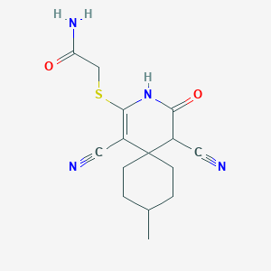 molecular formula C15H18N4O2S B4971449 2-[(1,5-dicyano-9-methyl-4-oxo-3-azaspiro[5.5]undec-1-en-2-yl)thio]acetamide 