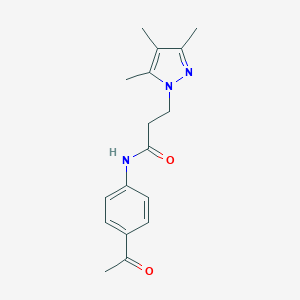 molecular formula C17H21N3O2 B497191 N-(4-acetylphenyl)-3-(3,4,5-trimethyl-1H-pyrazol-1-yl)propanamide CAS No. 942877-03-4