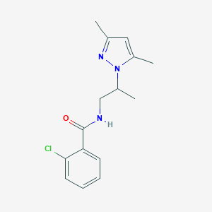 molecular formula C15H18ClN3O B497217 2-chloro-N-(2-(3,5-dimethyl-1H-pyrazol-1-yl)propyl)benzamide CAS No. 890604-40-7