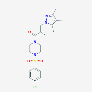 molecular formula C20H27ClN4O3S B497253 1-[(4-chlorophenyl)sulfonyl]-4-[2-methyl-3-(3,4,5-trimethyl-1H-pyrazol-1-yl)propanoyl]piperazine CAS No. 890603-45-9