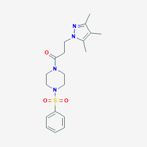 molecular formula C19H26N4O3S B497254 1-(4-(phenylsulfonyl)piperazin-1-yl)-3-(3,4,5-trimethyl-1H-pyrazol-1-yl)propan-1-one CAS No. 890605-84-2