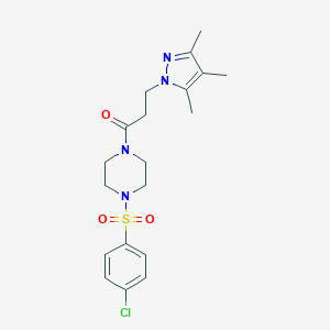 molecular formula C19H25ClN4O3S B497258 1-(4-((4-chlorophenyl)sulfonyl)piperazin-1-yl)-3-(3,4,5-trimethyl-1H-pyrazol-1-yl)propan-1-one CAS No. 890605-90-0