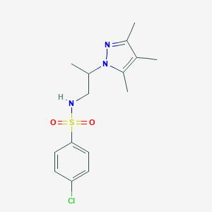 molecular formula C15H20ClN3O2S B497261 4-chloro-N-[2-(3,4,5-trimethyl-1H-pyrazol-1-yl)propyl]benzenesulfonamide 