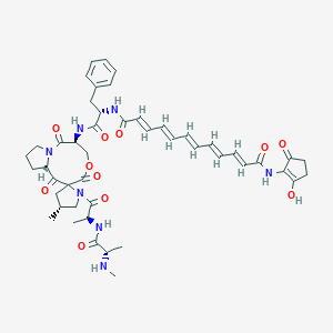 B049730 (2E,4E,6E,8E,10E)-N'-[(2S)-1-[[(4'R,6S,11aS)-4'-methyl-1'-[(2S)-2-[[(2S)-2-(methylamino)propanoyl]amino]propanoyl]-1,3,7-trioxospiro[5,6,9,10,11,11a-hexahydropyrrolo[1,2-e][1,5]oxazonine-2,2'-pyrrolidine]-6-yl]amino]-1-oxo-3-phenylpropan-2-yl]-N-(2-hydroxy-5-oxocyclopenten-1-yl)dodeca-2,4,6,8,10-pentaenediamide CAS No. 139601-96-0
