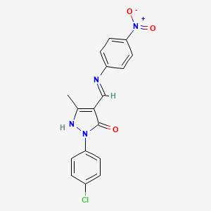 molecular formula C17H13ClN4O3 B4974987 2-(4-chlorophenyl)-5-methyl-4-{[(4-nitrophenyl)amino]methylene}-2,4-dihydro-3H-pyrazol-3-one 