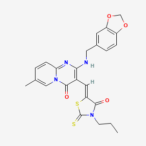 2-[(1,3-benzodioxol-5-ylmethyl)amino]-7-methyl-3-[(4-oxo-3-propyl-2-thioxo-1,3-thiazolidin-5-ylidene)methyl]-4H-pyrido[1,2-a]pyrimidin-4-one