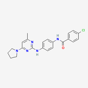 molecular formula C22H22ClN5O B4977266 4-chloro-N-(4-{[4-methyl-6-(1-pyrrolidinyl)-2-pyrimidinyl]amino}phenyl)benzamide 