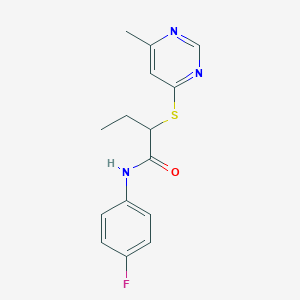 molecular formula C15H16FN3OS B4978353 N-(4-fluorophenyl)-2-[(6-methyl-4-pyrimidinyl)thio]butanamide 