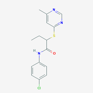 molecular formula C15H16ClN3OS B4979645 N-(4-chlorophenyl)-2-[(6-methyl-4-pyrimidinyl)thio]butanamide 