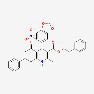 molecular formula C32H28N2O7 B4979906 2-phenylethyl 2-methyl-4-(6-nitro-1,3-benzodioxol-5-yl)-5-oxo-7-phenyl-1,4,5,6,7,8-hexahydro-3-quinolinecarboxylate CAS No. 5712-01-6