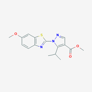 molecular formula C16H17N3O3S B498212 methyl 5-isopropyl-1-(6-methoxy-1,3-benzothiazol-2-yl)-1H-pyrazole-4-carboxylate 