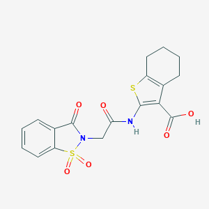 molecular formula C18H16N2O6S2 B498330 2-{[(1,1-dioxido-3-oxo-1,2-benzothiazol-2(3H)-yl)acetyl]amino}-4,5,6,7-tetrahydro-1-benzothiophene-3-carboxylic acid CAS No. 701231-70-1