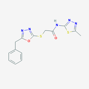 molecular formula C14H13N5O2S2 B498339 2-[(5-benzyl-1,3,4-oxadiazol-2-yl)sulfanyl]-N-(5-methyl-1,3,4-thiadiazol-2-yl)acetamide CAS No. 892019-24-8