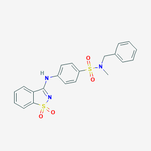 molecular formula C21H19N3O4S2 B498346 N-benzyl-4-[(1,1-dioxido-1,2-benzisothiazol-3-yl)amino]-N-methylbenzenesulfonamide 