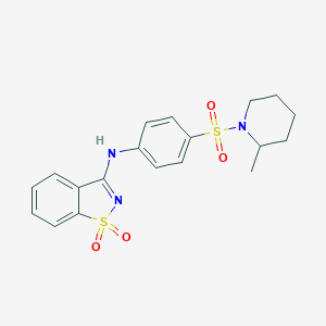 molecular formula C19H21N3O4S2 B498354 N-{4-[(2-methylpiperidin-1-yl)sulfonyl]phenyl}-1,2-benzothiazol-3-amine 1,1-dioxide CAS No. 833443-87-1