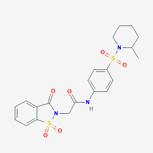 molecular formula C21H23N3O6S2 B498359 2-(1,1-dioxido-3-oxo-1,2-benzothiazol-2(3H)-yl)-N-{4-[(2-methylpiperidin-1-yl)sulfonyl]phenyl}acetamide 