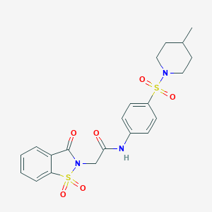 molecular formula C21H23N3O6S2 B498360 2-(1,1-dioxido-3-oxo-1,2-benzisothiazol-2(3H)-yl)-N-{4-[(4-methyl-1-piperidinyl)sulfonyl]phenyl}acetamide 