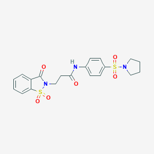 molecular formula C20H21N3O6S2 B498363 3-(1,1-dioxido-3-oxo-1,2-benzisothiazol-2(3H)-yl)-N-[4-(1-pyrrolidinylsulfonyl)phenyl]propanamide 