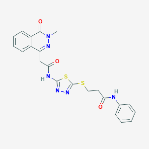 molecular formula C22H20N6O3S2 B498366 3-[(5-{[(3-methyl-4-oxo-3,4-dihydrophthalazin-1-yl)acetyl]amino}-1,3,4-thiadiazol-2-yl)sulfanyl]-N-phenylpropanamide 