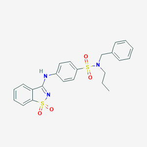 molecular formula C23H23N3O4S2 B498370 N-benzyl-4-[(1,1-dioxido-1,2-benzisothiazol-3-yl)amino]-N-propylbenzenesulfonamide 