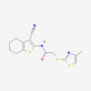 molecular formula C15H15N3OS3 B498474 N-(3-cyano-4,5,6,7-tetrahydro-1-benzothiophen-2-yl)-2-[(4-methyl-1,3-thiazol-2-yl)sulfanyl]acetamide 