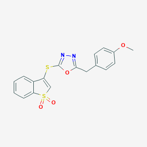 molecular formula C18H14N2O4S2 B498476 2-[(1,1-Dioxido-1-benzothien-3-yl)sulfanyl]-5-(4-methoxybenzyl)-1,3,4-oxadiazole 