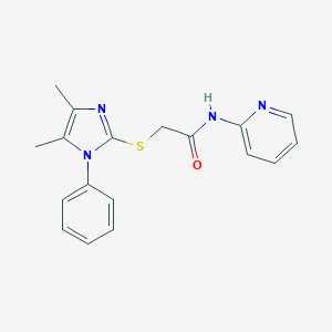 molecular formula C18H18N4OS B498488 2-[(4,5-dimethyl-1-phenyl-1H-imidazol-2-yl)sulfanyl]-N-(2-pyridinyl)acetamide 