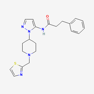 molecular formula C21H25N5OS B4985074 3-phenyl-N-{1-[1-(1,3-thiazol-2-ylmethyl)-4-piperidinyl]-1H-pyrazol-5-yl}propanamide 