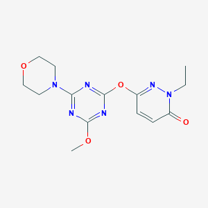 molecular formula C14H18N6O4 B4985103 2-ethyl-6-{[4-methoxy-6-(4-morpholinyl)-1,3,5-triazin-2-yl]oxy}-3(2H)-pyridazinone 