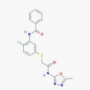 molecular formula C19H18N4O3S B498546 N-[2-methyl-5-({2-[(5-methyl-1,3,4-oxadiazol-2-yl)amino]-2-oxoethyl}sulfanyl)phenyl]benzamide 