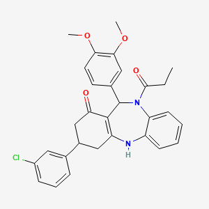 molecular formula C30H29ClN2O4 B4985558 3-(3-chlorophenyl)-11-(3,4-dimethoxyphenyl)-10-propionyl-2,3,4,5,10,11-hexahydro-1H-dibenzo[b,e][1,4]diazepin-1-one 