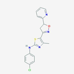 molecular formula C18H15ClN4OS B498589 N-(4-chlorophenyl)-N-{4-methyl-5-[5-(2-pyridinyl)-4,5-dihydro-3-isoxazolyl]-1,3-thiazol-2-yl}amine 