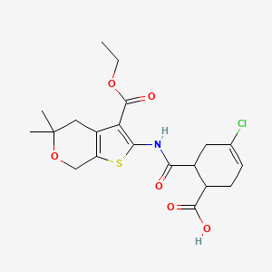 molecular formula C20H24ClNO6S B4986630 4-chloro-6-({[3-(ethoxycarbonyl)-5,5-dimethyl-4,7-dihydro-5H-thieno[2,3-c]pyran-2-yl]amino}carbonyl)-3-cyclohexene-1-carboxylic acid 