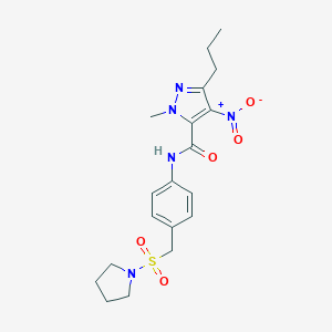 molecular formula C19H25N5O5S B498776 4-nitro-1-methyl-3-propyl-N-{4-[(1-pyrrolidinylsulfonyl)methyl]phenyl}-1H-pyrazole-5-carboxamide 