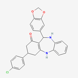 molecular formula C26H21ClN2O3 B4988615 11-(1,3-benzodioxol-5-yl)-3-(4-chlorophenyl)-2,3,4,5,10,11-hexahydro-1H-dibenzo[b,e][1,4]diazepin-1-one 