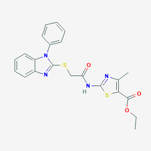 molecular formula C22H20N4O3S2 B498890 ethyl 4-methyl-2-({[(1-phenyl-1H-benzimidazol-2-yl)sulfanyl]acetyl}amino)-1,3-thiazole-5-carboxylate 