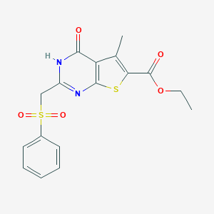 molecular formula C17H16N2O5S2 B498902 Ethyl 5-methyl-4-oxo-2-[(phenylsulfonyl)methyl]-3,4-dihydrothieno[2,3-d]pyrimidine-6-carboxylate 